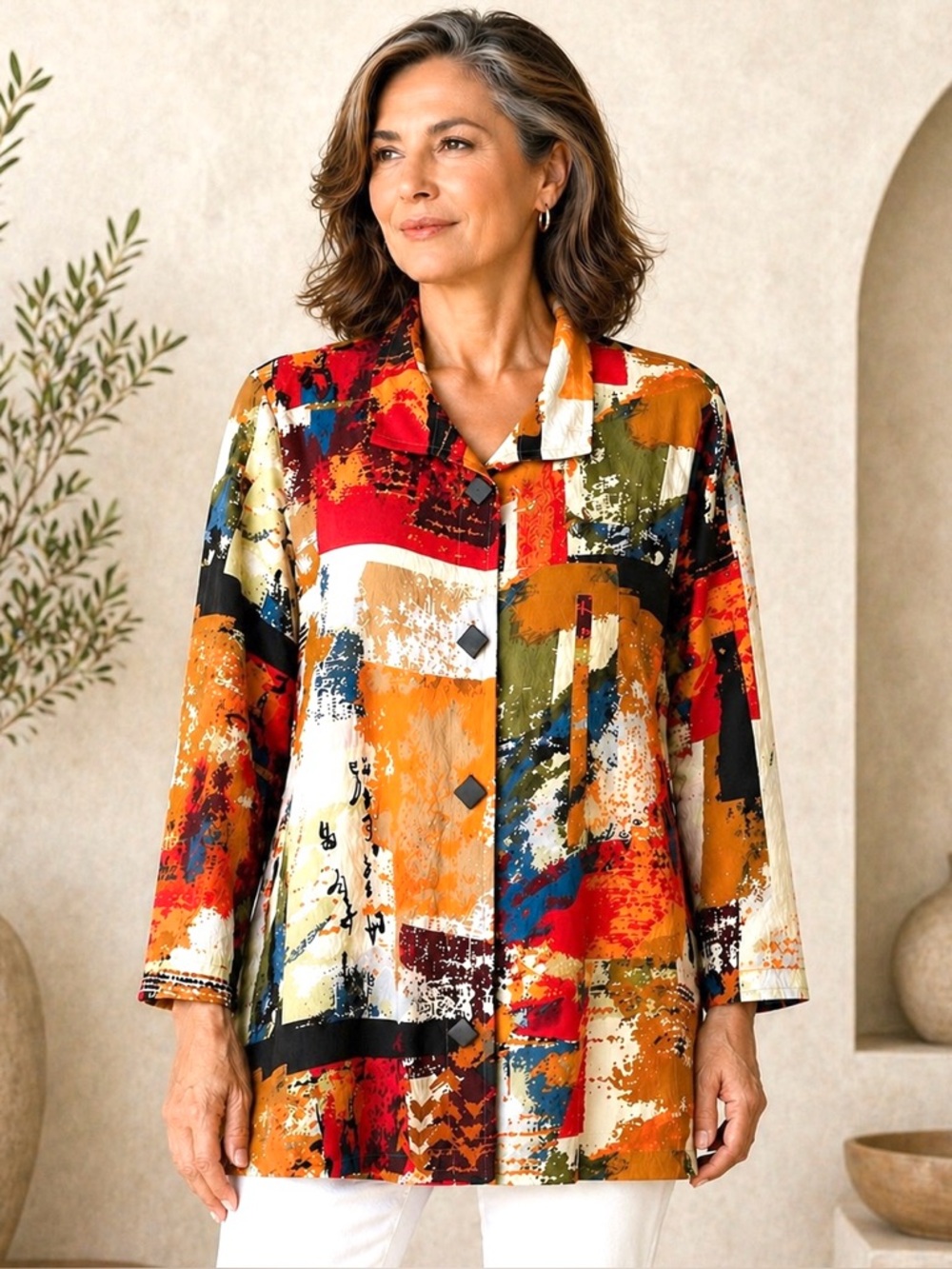 Ali Miles Tunic Vibrant Wearable Art to Wear Button Up 3/4 Sleeve One Pocket